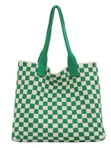 Green and white checkered knitted tote bag for women, casual woven shoulder shopping bag.