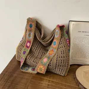 Women Large Capacity Crochet Knit Tote Bag Bohemian Woven Crossbody Bag Colorful Floral Shoulder Strap Polyester Handbag Daily Travel