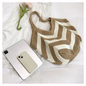 Large capacity handmade crochet shoulder bag with stylish khaki chevron pattern for women