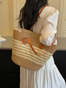 Large Capacity Straw Woven Tote Bag For Women Handmade Summer Beach Vacation Stripe Pattern Shoulder Bag With PU Leather Strap