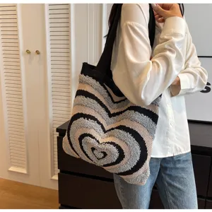 Knitted tote bag for women with stylish heart pattern, large capacity shoulder bag.