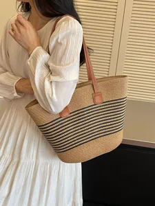 Large capacity summer straw tote bag with black stripes and brown leather handles