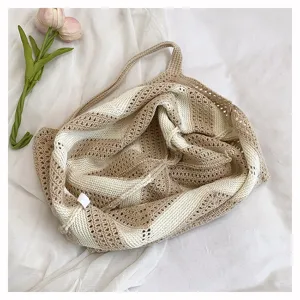 Handmade crochet striped tote bag in cream and tan, large capacity shoulder bag for women