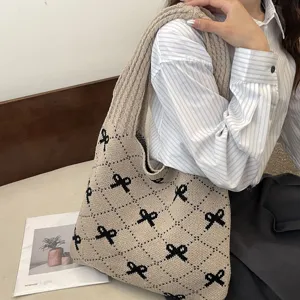 Ins Style Knitted Tote Bag With Bowknot And Argyle Pattern Large Capacity Woven Shoulder Bag For Women Casual Daily Handbag