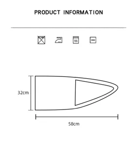 Product information diagram showing 58cm by 32cm dimensions and wash care icons