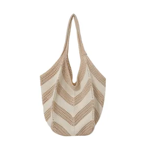 Large handmade crochet shoulder bag with stylish beige chevron stripes for women