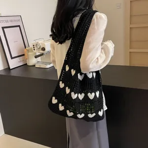 Women Heart Hollow Knit Tote Bag Large Capacity Handmade Crochet Shopping Bag Bohemian Ins Style Casual Beach Shoulder Bag