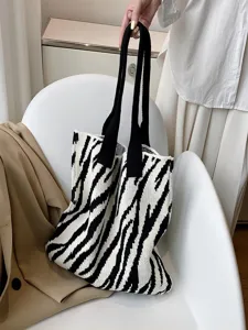 Zebra Stripe Knitted Tote Bag For Women Large Capacity Fashion Korean Style Minimalist Knit Shoulder Bag Handbag