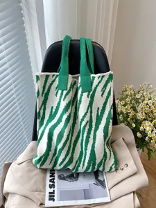 Large capacity green zebra stripe knit tote bag for women stylish shoulder handbag
