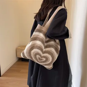 Women's Heart Pattern Knit Tote Bag Casual Large Capacity Polyester Crochet Shoulder Shopping Bag For Daily Use