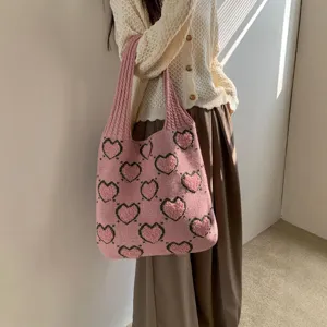 Borsa tote casual in maglia rosa con un simpatico design a cuore per donne