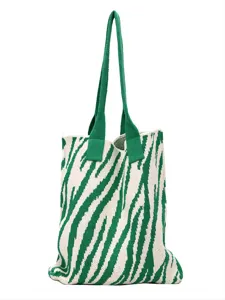 Green and white zebra pattern knitted tote bag with high capacity