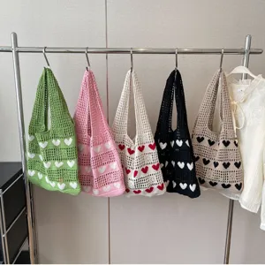 Stylish heart pattern crochet knit tote bag with large capacity for beach and daily shopping