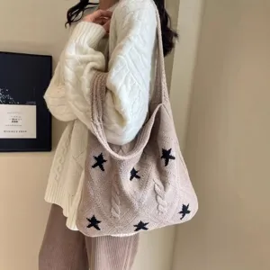 Large capacity knitted tote bag with black star pattern, stylish women's shoulder bag