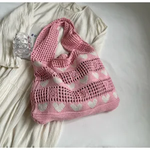 Pink knitted heart pattern hollow tote bag with large capacity shopping design