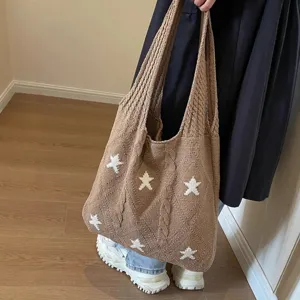 Brown knitted tote bag with white star pattern, large capacity shoulder bag for women.