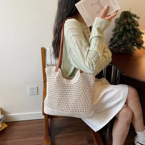 Women's Hollow Out Woven Beach Tote Bag Casual Cotton Thread Shoulder Handbag For Vacation Sea Beach Summer Knitted Bag