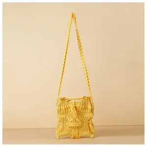 Stylish yellow knitted pleated mini crossbody bag with unique wavy shoulder strap