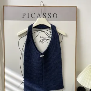 Dark blue knitted tote bag with large capacity for women's daily commute
