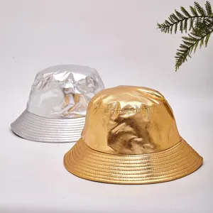 Unisex metallic gold and silver foldable bucket hats in shiny faux leather finish