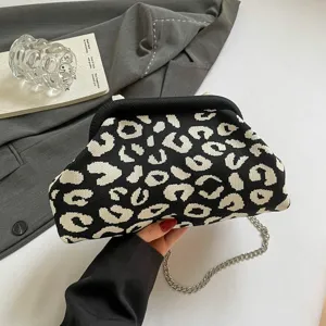 Dames Luipaardprint Gebreide Pouch Tas Mode Wolktas Met Metalen Ketting Niche-ontwerp Handheld Schouder Crossbody Tas Voor Vrouwen Dagelijks Feest