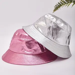 Stylish shiny metallic patent leather foldable bucket hat in pink and silver colors
