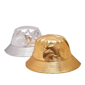 Stylish metallic gold and silver bucket hats featuring a reflective patent leather finish for travel