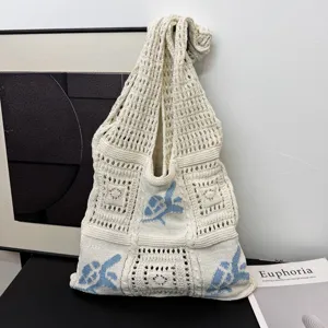 Dames Gebreide Tote Bag Grote Capaciteit Opengewerkte Schoudertas Zeeschildpad Patroon Gehaakte Geweven Strandtas Casual Handtas