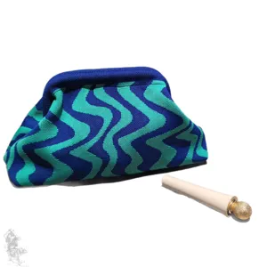 Large capacity blue and green zigzag stripe knitted pouch bag for cosmetics and daily use