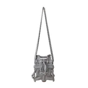 Minimalist grey knitted pleated mini crossbody phone bag with wavy strap.