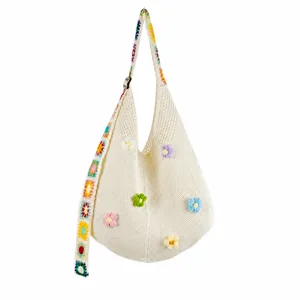Knitted floral crochet shoulder bag, large capacity slouchy casual daily hobo bag.