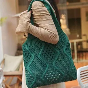 Bolso tote grande de punto calado con patrón de diamantes para verano, playa o diario