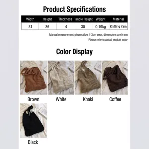Detailed product size chart and color variants for large capacity knitted yarn tote bag