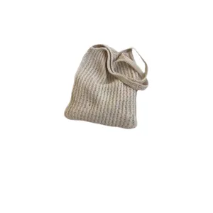 Casual cream ribbed knitted tote bag featuring a large capacity and shoulder strap design