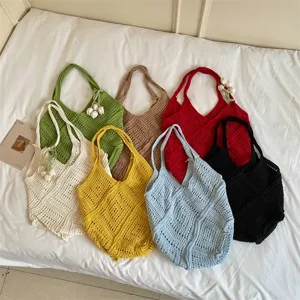 Bohemian Knitted Hollow Tote Bag For Women Large Capacity Crochet Beach Bag Polyester Handmade Woven Diamond Pattern Shoulder Bag