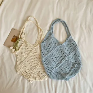 Large capacity hollow-out knitted beach tote bags in beige and light blue.