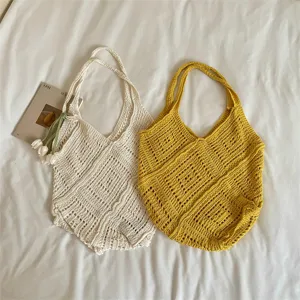 Large capacity bohemian crochet knit beach tote bags in cream and yellow colors