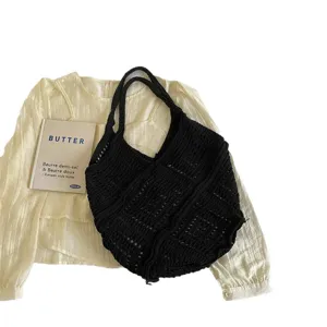 Large capacity black crochet knitted beach tote bag in Bohemian style.