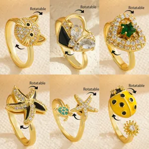 Rotatable Stress Relief Open Ring Copper Gold Plated Rhinestone Heart Butterfly Sea Star Turtle Ladybug Cat Ring For Women Fashion Jewelry