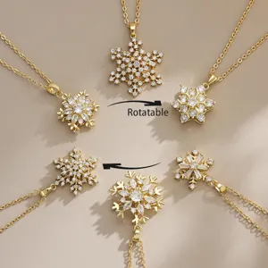 Rotatable Snowflake Pendant Necklace For Women Fashion Gold Plated Copper Chain Zirconia Inlaid Dreamy Star Jewelry Gift
