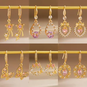 Sweet Pink Rhinestone Drop Earrings For Women Gold Plated Star Bow Butterfly Hollow Drip Ear Hook Jewelry Gift