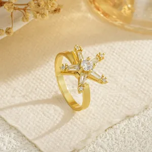Detailed view of a rotating gold star ring with micro-set zircon stones