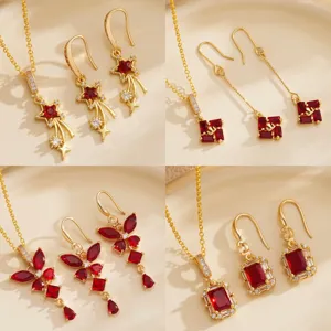 Vintage Palace Gold Plated Copper Red Zirconia Jewelry Set Antique Emerald Cut Necklace And Hook Earrings For Wedding Women