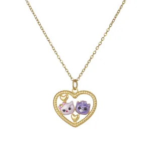 Gold heart hollow necklace with cute enamel cat pendants and stainless steel chain
