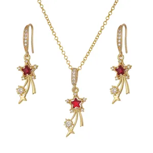 Elegant gold-plated jewelry set with red star-shaped zircon pendant and earrings