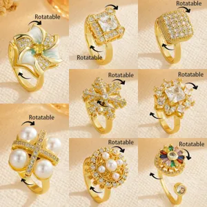 Rotatable Flower Snowflake Zirconia Ring Gold Plated Copper Inlaid Adjustable Open Finger Ring Stress Relief Women Jewelry Gift