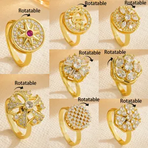 Gold Plated Copper Rotatable Stress Relief Ring For Women Open Adjustable Rhinestone Flower Dragon Spinner Ring Jewelry
