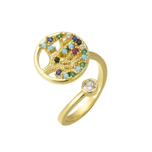 Tree of Life adjustable ring with vibrant multi-colored zircon stones in polished gold finish