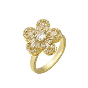 Élégante bague fleur plaquée or avec des pétales de zircon étincelants pour femmes bijoux