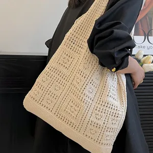 Sac à Épaule Tricoté Tissé Vintage Maille Ajouré Sac Tote Minimaliste Crochet Sac à Main Été Plage Sac de Shopping pour Femmes